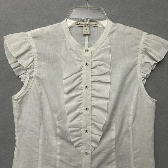 David Brooks Blouse Womens Med White 100% Linen Ruffle Flutter Sleeve Button Up - Picture 10 of 12